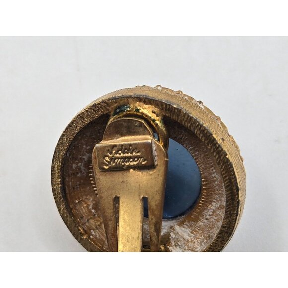 1940s Vintage Adele Simpson Signed Clip on Earrings Dark Blue Glass +Rhinestones - Picture 3 of 8